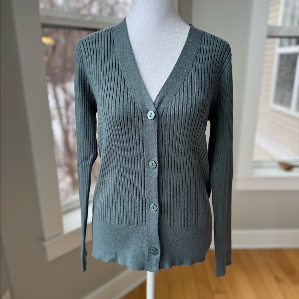 A New Day Vintage Blue Ribbed Slim Fit V Neck Cardigan Sweater Size XS